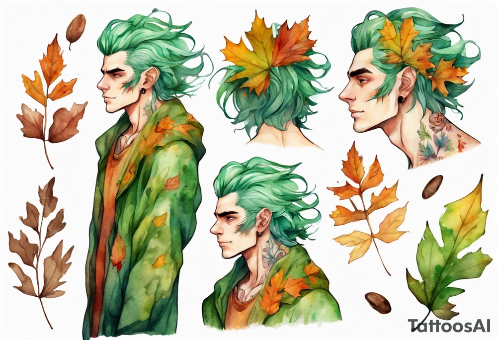 A tall, beautiful 19 year old man with autumn leaves in his green hair hair, skin like tree bark, and a floral robe. tattoo idea