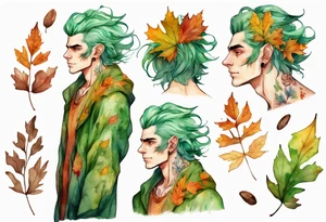 A tall, beautiful 19 year old man with autumn leaves in his green hair hair, skin like tree bark, and a floral robe. tattoo idea