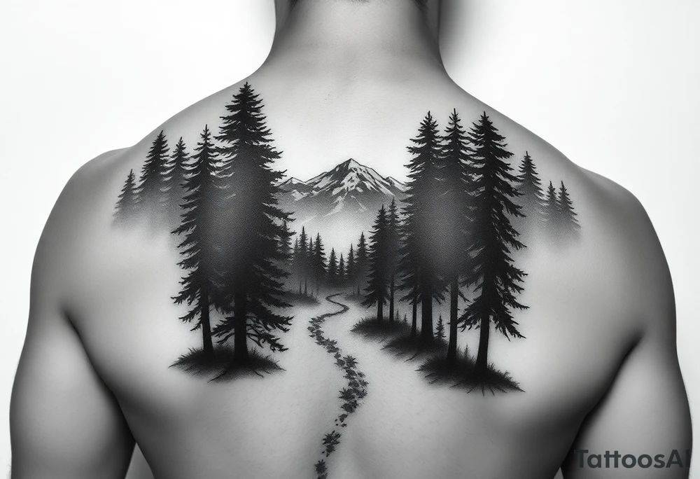 Winding path fading into misty forest, re-emerging toward distant mountains. Dark trees, bright peaks. Black and white, minimalist tattoo idea