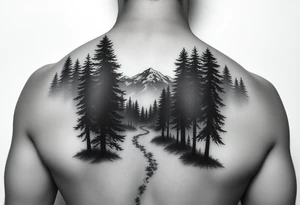 Winding path fading into misty forest, re-emerging toward distant mountains. Dark trees, bright peaks. Black and white, minimalist tattoo idea