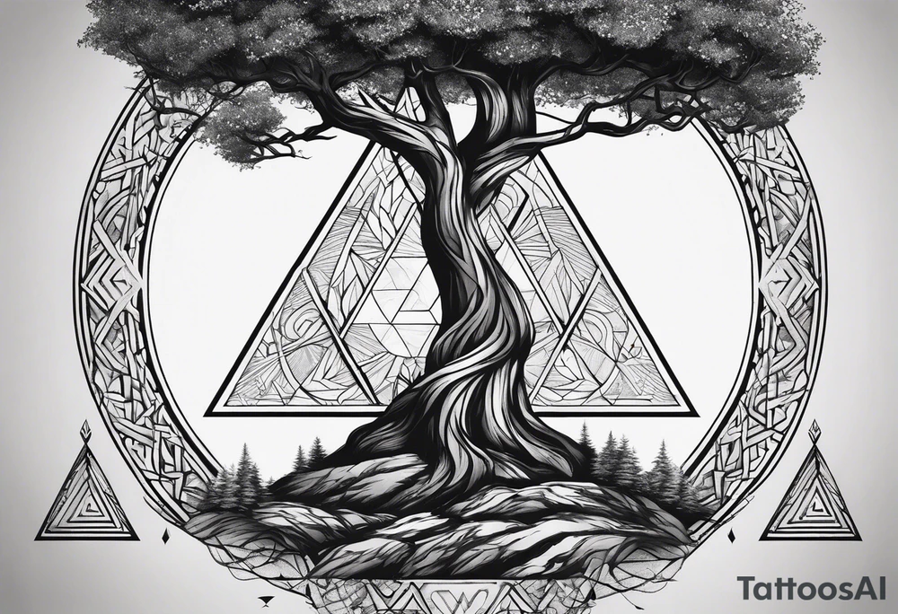 minimalistic Yggdrasil tree with 3 triangles set behind it tattoo idea minimalistic Yggdrasil tree with 3 triangles set behind it tattoo idea