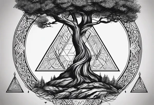 minimalistic Yggdrasil tree with 3 triangles set behind it tattoo idea