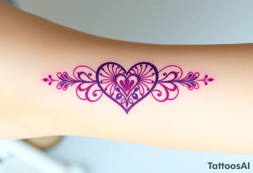 A symmetrical lace heart shaped bracelet with a soft ombré effect, transitioning from pink to deep purple tattoo idea