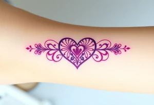 A symmetrical lace heart shaped bracelet with a soft ombré effect, transitioning from pink to deep purple tattoo idea