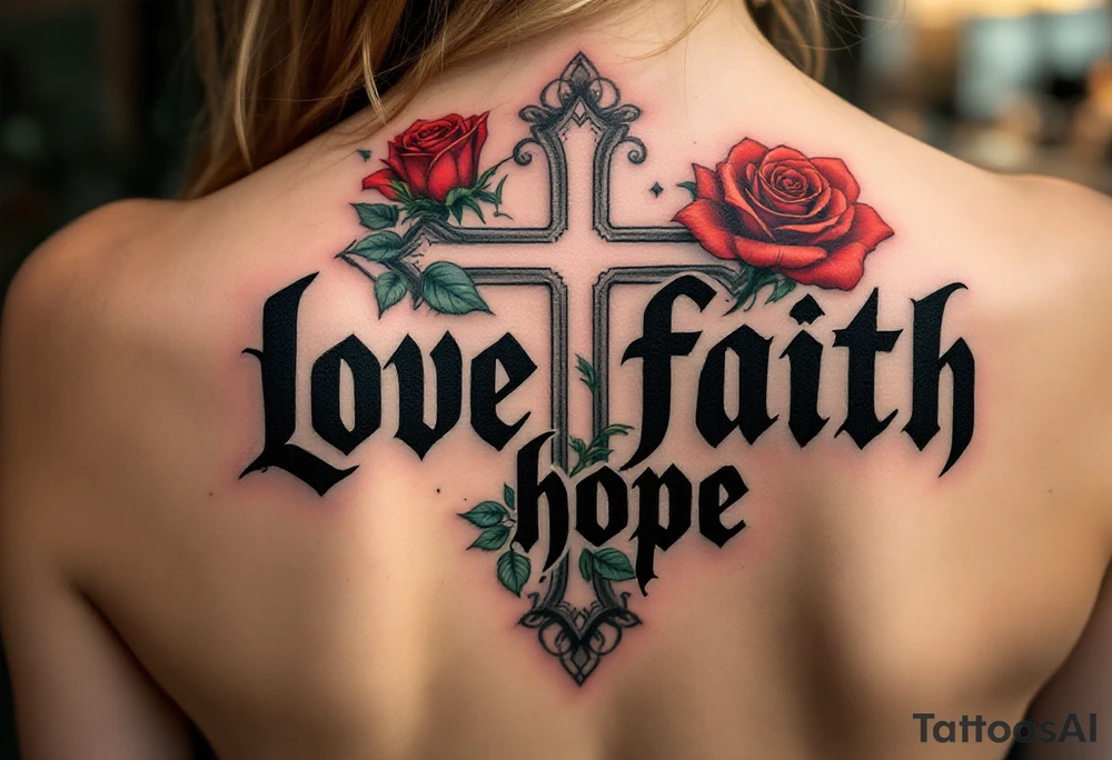 Bold black gothic font with a cross behind it in shadowy gray and a rose winding around the letters in red and green love faith hope. tattoo idea