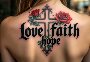 Bold black gothic font with a cross behind it in shadowy gray and a rose winding around the letters in red and green love faith hope. tattoo idea