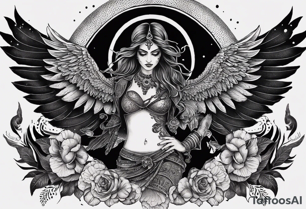 black kali, goddess pirate, alien, angel, pachamama, valkrye, warrior, flying, skull, lotus azul, wing, eagle, zenza resonance, stars, 5D, anahata chakra, death, durga, riding on a tiger, flying lady, kundalini, chest tatoo, rebel tattoo idea