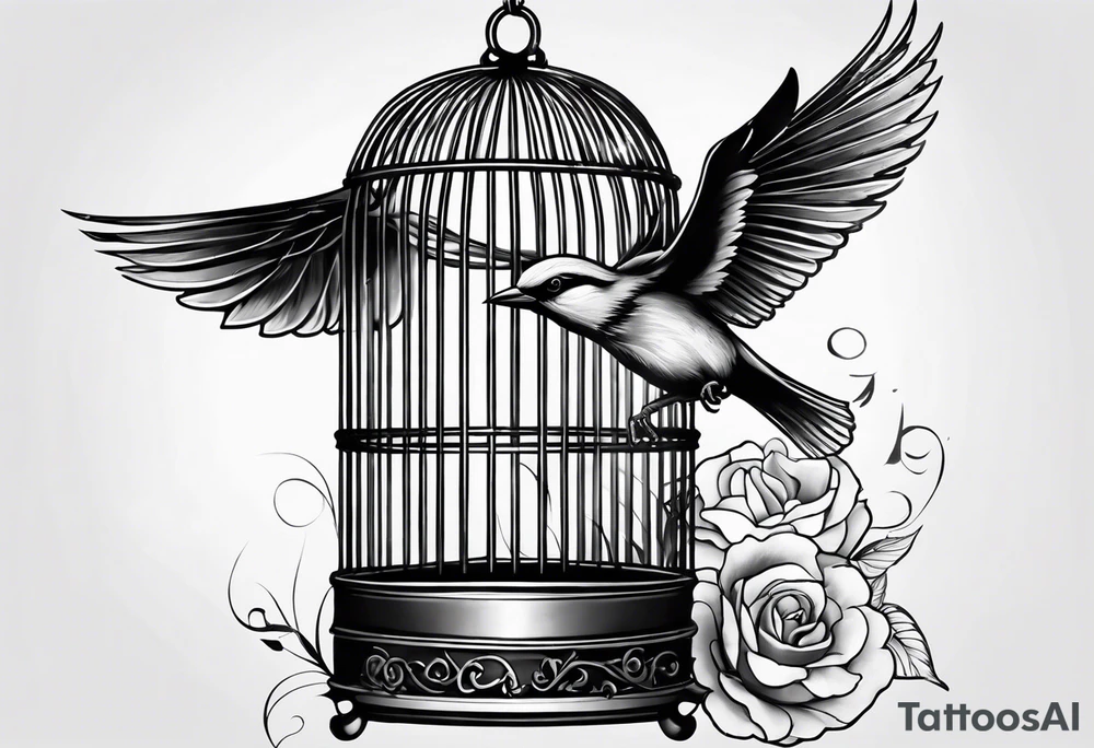 a feminine tattoo to represent freedom and self expression and self reliance with a beautiful bird flying out of a cage tattoo idea