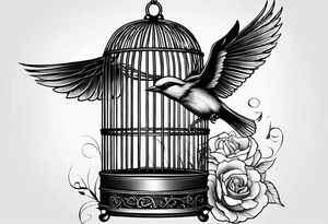 a feminine tattoo to represent freedom and self expression and self reliance with a beautiful bird flying out of a cage tattoo idea