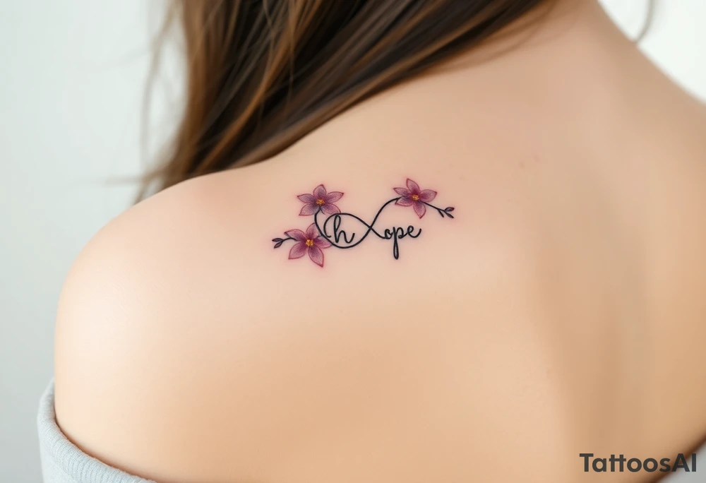 A delicate vine with intertwining flowers in shades of pink and violet, forming an infinity symbol and word "hope" tattoo idea