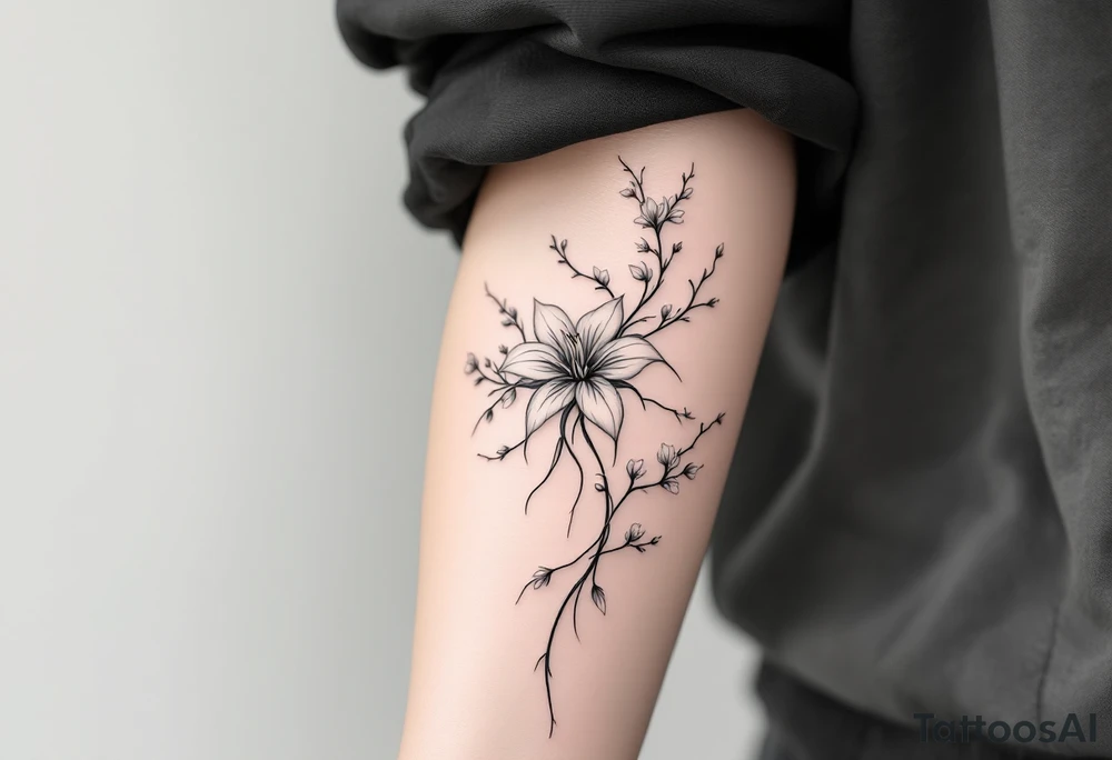 the flower spider lily from demon slayer and add cherry blossoms wrapped around upper arm tattoo idea