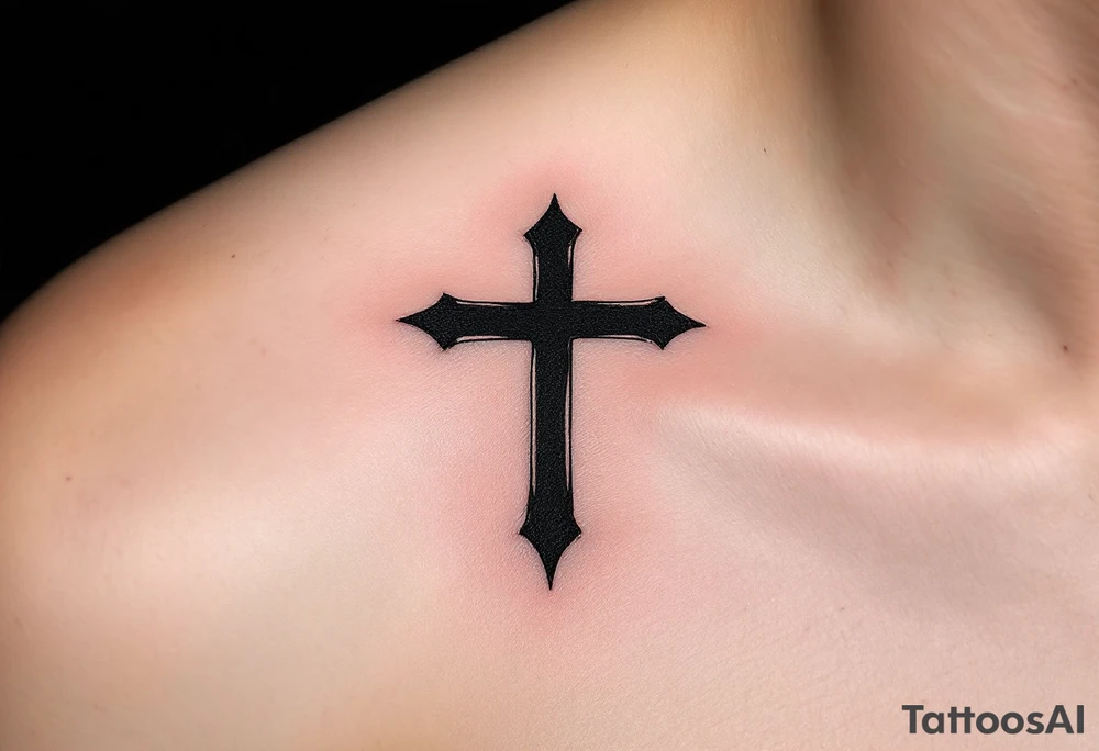 A small, sharp-edged black cross tattoo placed just beneath the outer corner of the eye on face. tattoo idea