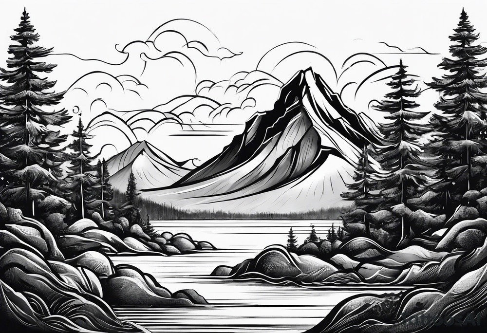 Mountain, engulfed by 2 waves. 3 stars above the mountain, trees at the bottom tattoo idea