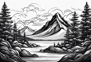 Mountain, engulfed by 2 waves. 3 stars above the mountain, trees at the bottom tattoo idea