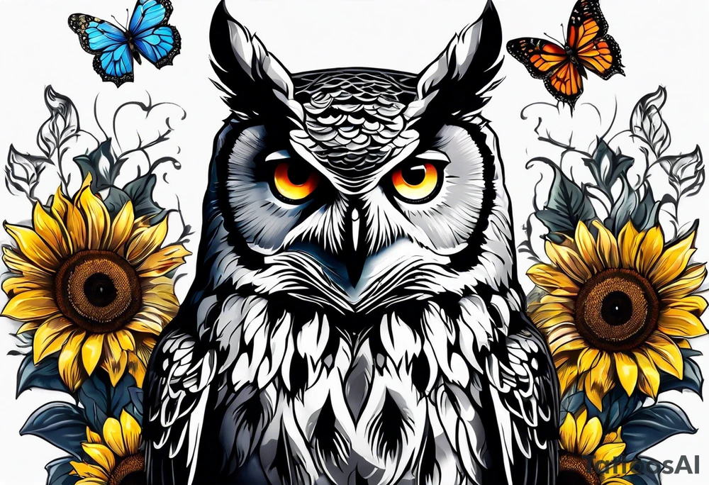 Arm sleeve with an owl and butterfly surrounded by 
sunflowers tattoo idea