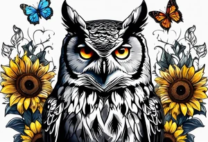 Arm sleeve with an owl and butterfly surrounded by 
sunflowers tattoo idea