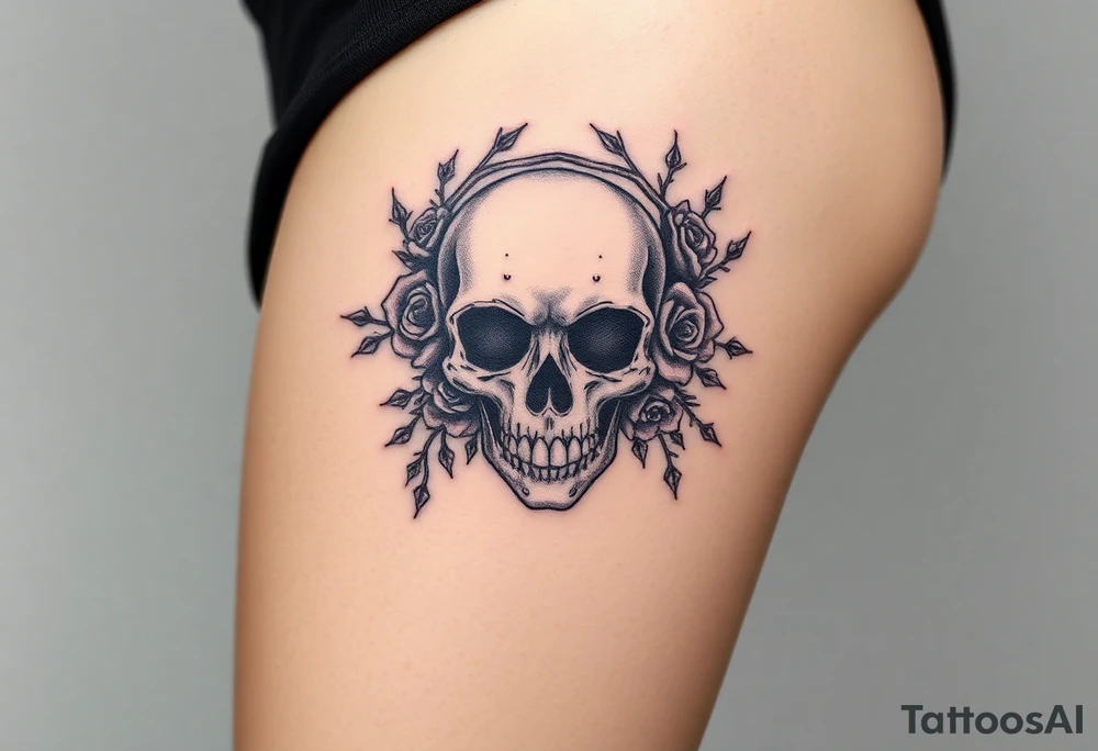 ornate skull adorned with crown of wild roses and thorns tattoo idea