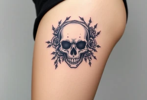 ornate skull adorned with crown of wild roses and thorns tattoo idea