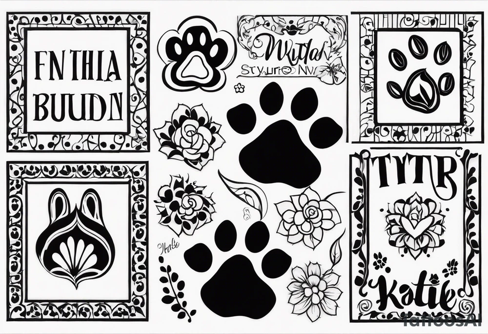 Tattoo including a paw print one for each of my dogs their names are "Tasha Katie Kiera Zeke Pixie Bud Bear" tattoo idea