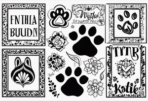 Tattoo including a paw print one for each of my dogs their names are "Tasha Katie Kiera Zeke Pixie Bud Bear" tattoo idea