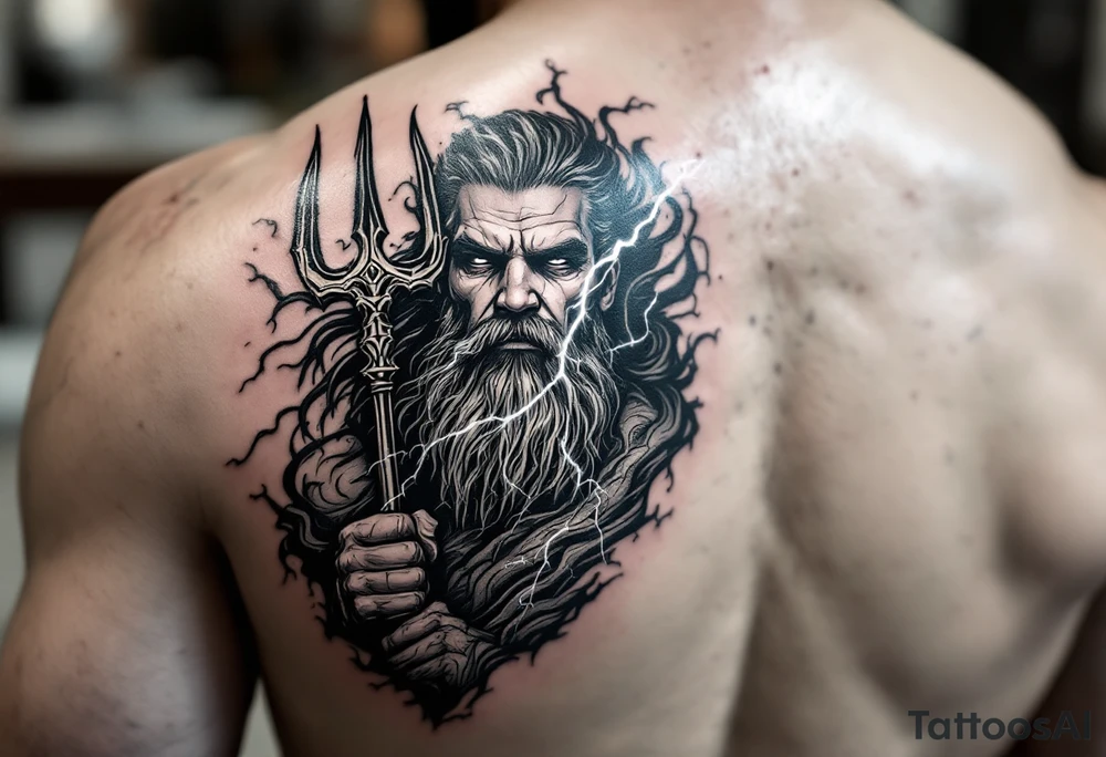 fit poseidon, behind a trident, with lightning tattoo idea