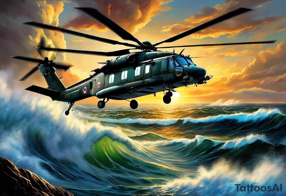 A cinematic-style tattoo depicting a Canadian military CH-148 Cyclone helicopter performing a daring maneuver over a turbulent ocean. The sky should be filled with dramatic clouds, and the sun should be setting, casting long shadows. The helicopter should be the main focus, with intricate details and a sense of motion. In the background, a poppy should be prominently displayed, and a quote from 'Lest We Forget' should be included, black and white tattoo tattoo idea
