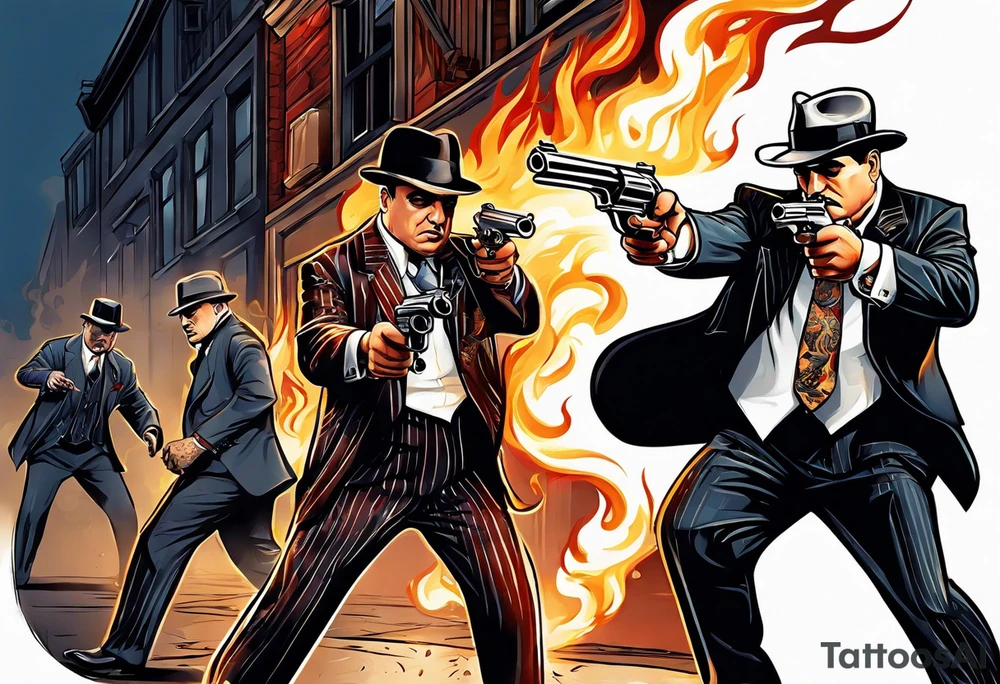 capone style gangsters having a shootout against a dark background scene with flames blues with sexy women tattoo idea