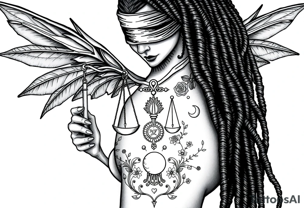 Black Sylph with dreads wearing blind fold and ankh pendant with tattoos holding libra weighing scales with the sun and moon rose vines surrounding and Anubis guarding tattoo idea