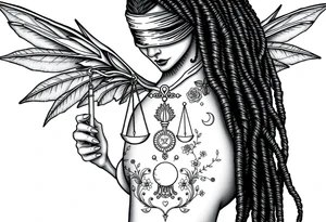 Black Sylph with dreads wearing blind fold and ankh pendant with tattoos holding libra weighing scales with the sun and moon rose vines surrounding and Anubis guarding tattoo idea