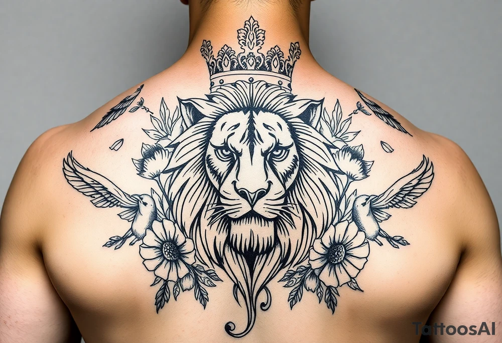 powerful majestic lion with a crown, surrounded by floral ornaments and birds tattoo idea