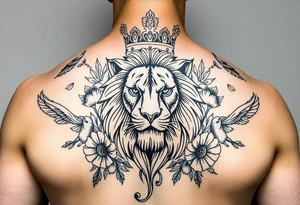 powerful majestic lion with a crown, surrounded by floral ornaments and birds tattoo idea
