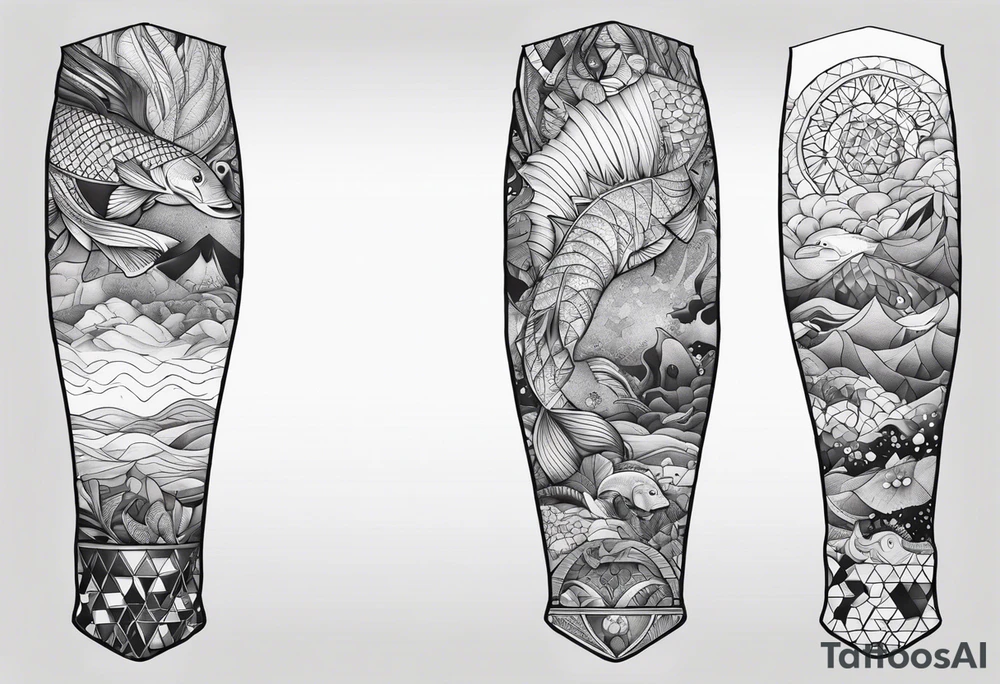 Ocean life full leg sleeve male geometric tattoo idea