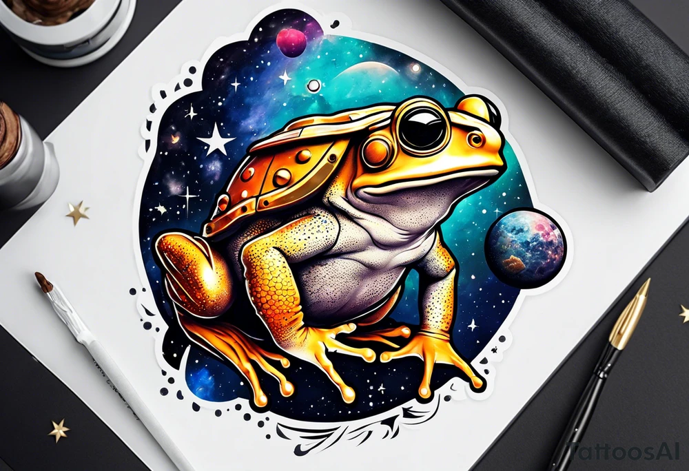 Toad with astronaut helmet looking at galaxy tattoo idea