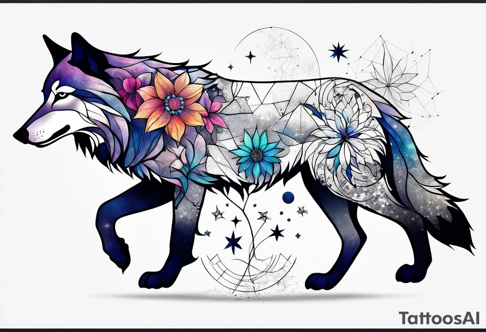 Constellation, animal wolf snow , géométric , flower tattoo idea