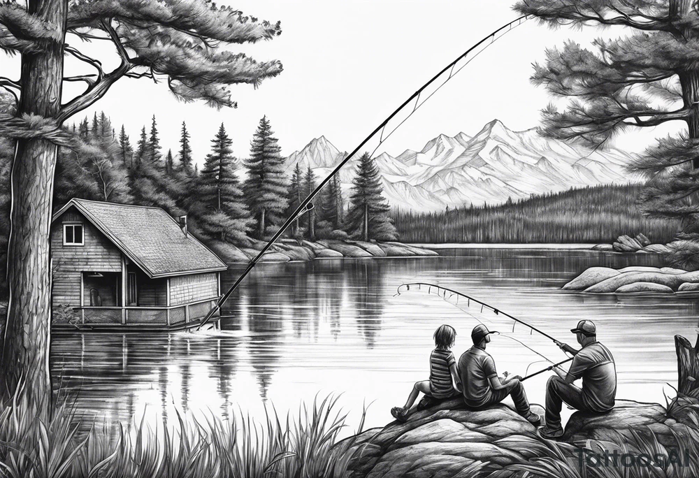 Father, son, and daughter fishing from bank on a lake with trees surrounding them tattoo idea