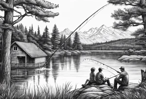 Father, son, and daughter fishing from bank on a lake with trees surrounding them tattoo idea