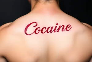 Cocaine in red font curved tattoo idea