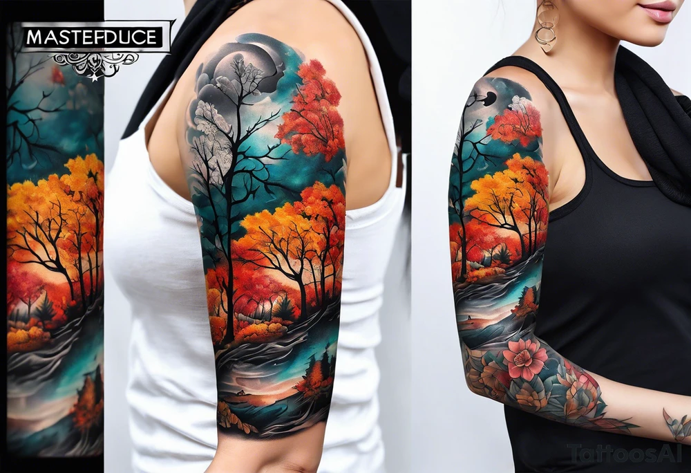 Arm Sleeve Tattoo with fall colors flat tattoo idea
