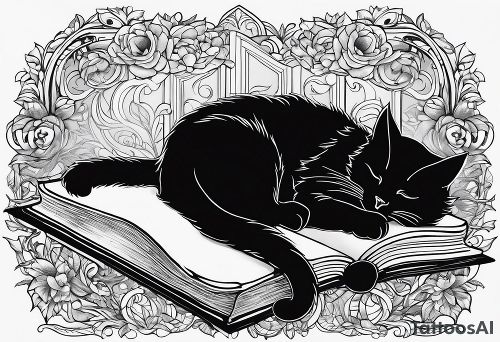 black sillhouette cat sleeping with a book sleeve tattoo tattoo idea