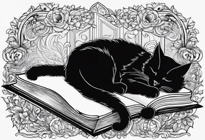 black sillhouette cat sleeping with a book sleeve tattoo tattoo idea
