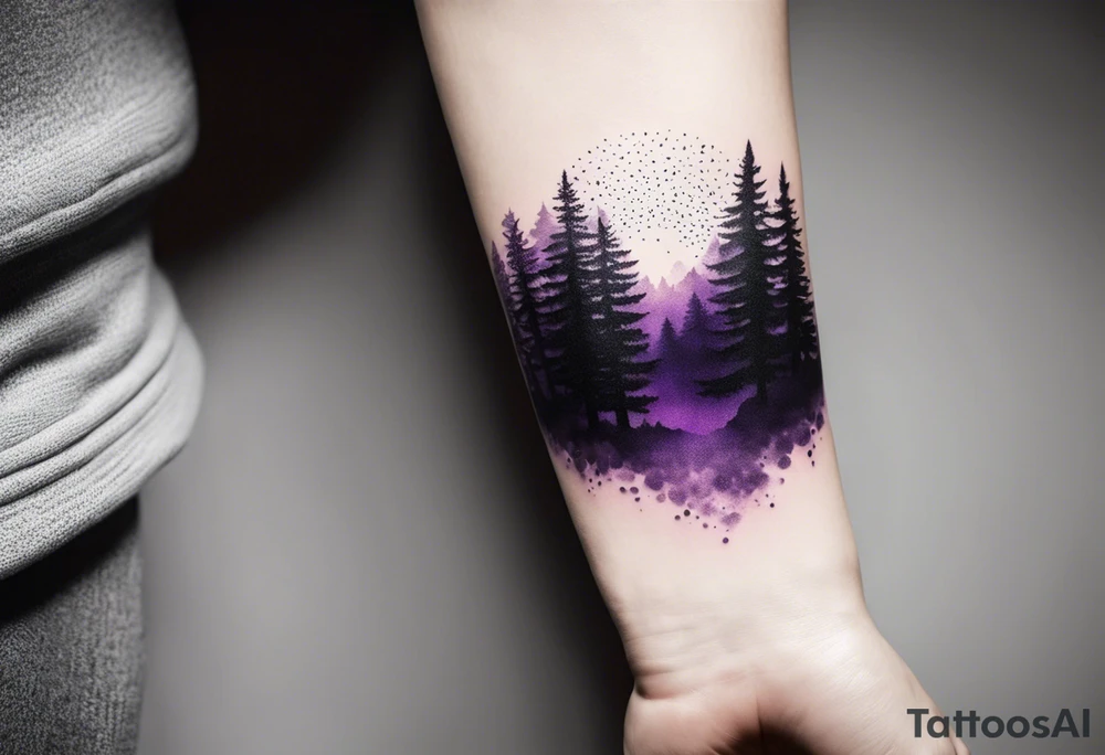 forest, purple and black, covered from wrist to forearm, fully covered, no borders, blackwork tattoo idea