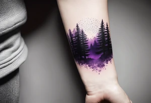 forest, purple and black, covered from wrist to forearm, fully covered, no borders, blackwork tattoo idea