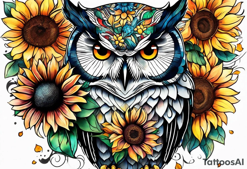 Arm sleeve with colorful sunflowers and an owl tattoo idea
