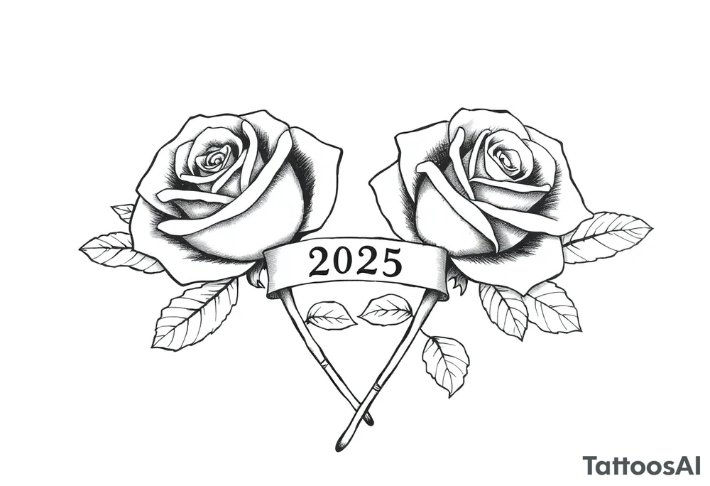 two beautiful rose buds, side by side, with many leaves and their stems intertwined, representing two people in love. Include a banner connecting the two roses with "2025" on it.  The word "Rose" written in Kanji above the drawing.  Dark outlines tattoo idea