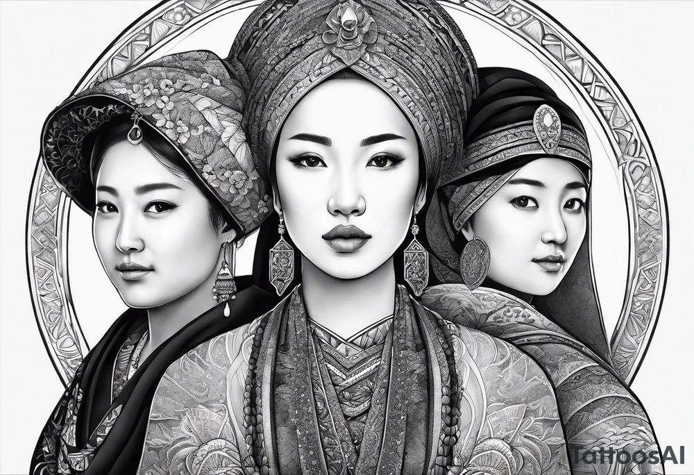 three eurasian people side by side. a really really young Daughter on the left, mother in the middle, really really old grandmother on the right. greater age difference, in an artfully decorated frame tattoo idea