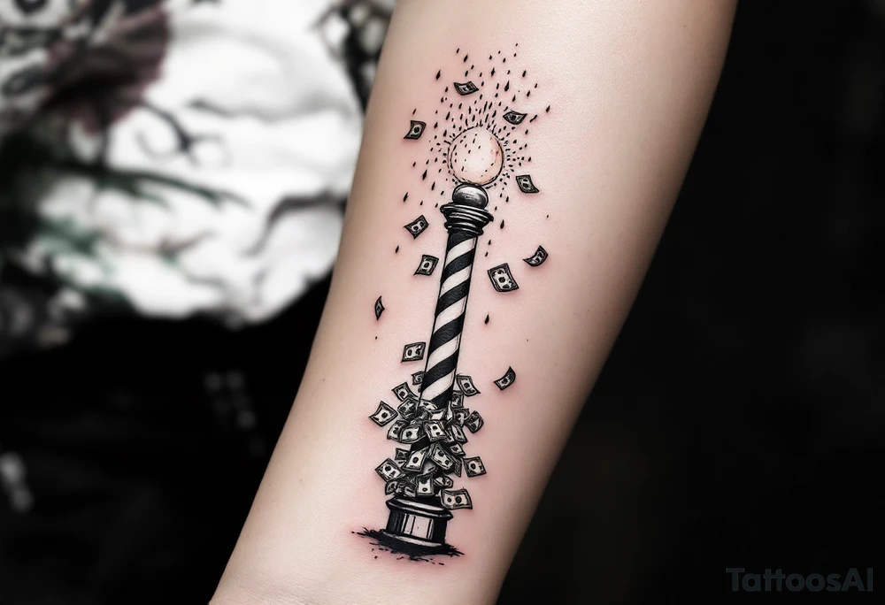 Barber pole with raining money tattoo idea