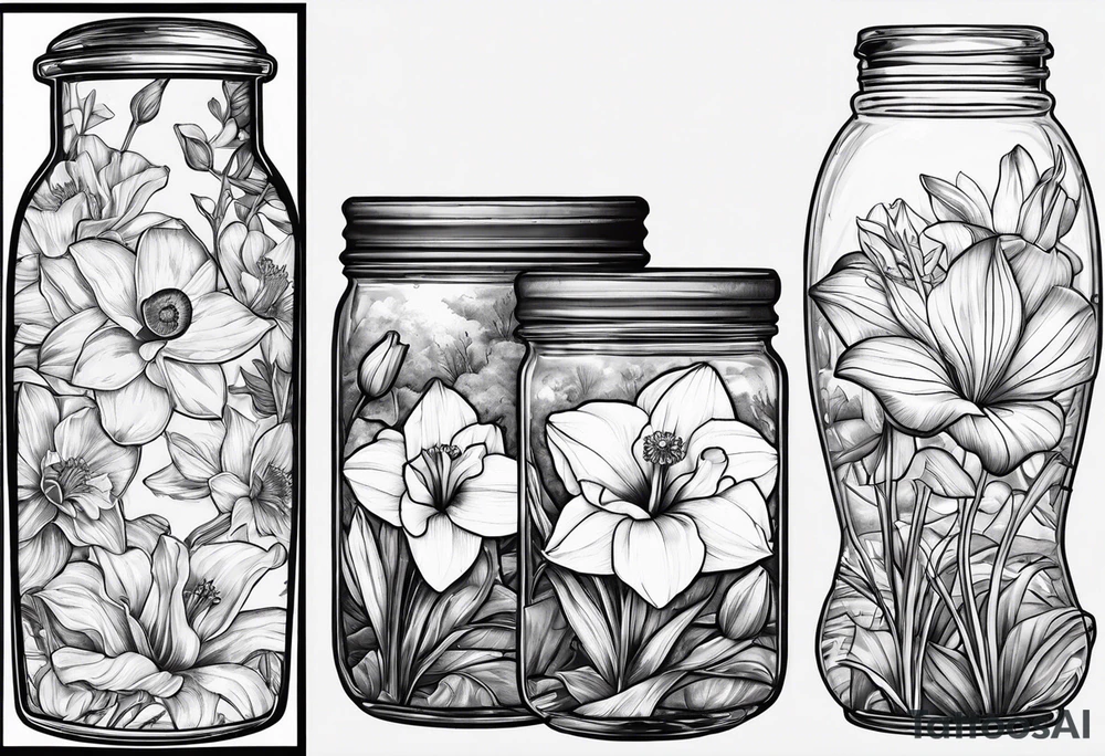 A daffodil a water lily and a morning glory in a jar tattoo idea