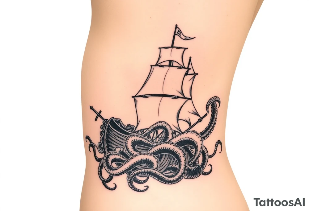 Extra large 
female side and hip tattoo pirate ship getting sunk by the kraken tattoo idea