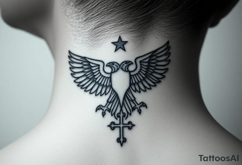 Double-headed eagle outline only (no shading) — suits neck skin which ages differently
Star above, small orthodox cross below tattoo idea