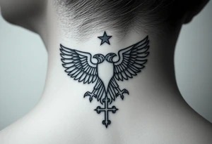 Double-headed eagle outline only (no shading) — suits neck skin which ages differently
Star above, small orthodox cross below tattoo idea